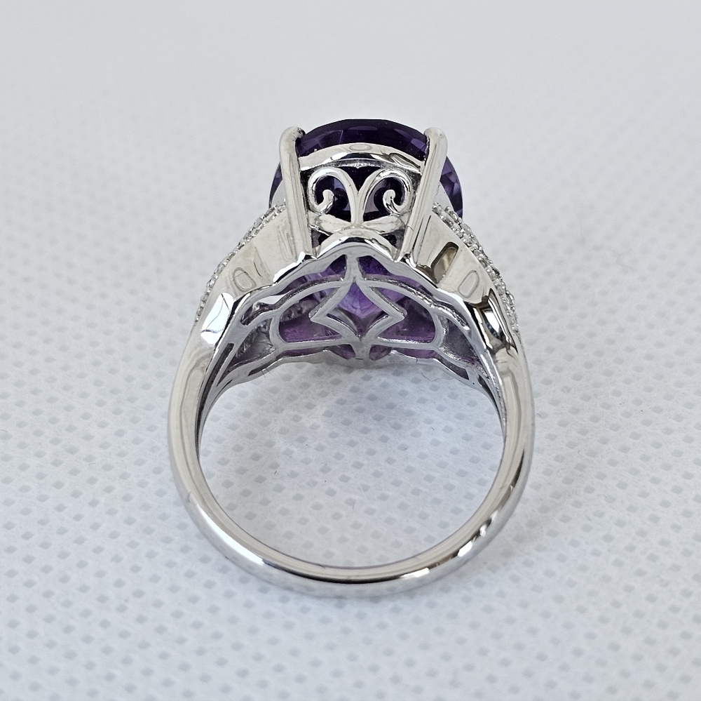 Natural Morrocan Amethyst & White Zircon Ring Sterling Silver Rhodium Sz 7 - Picture 7 of 10
